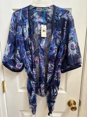 Three Eighty Two Blue Peacock Kimono Wrap Top, Size Med,NWT, have matching tank